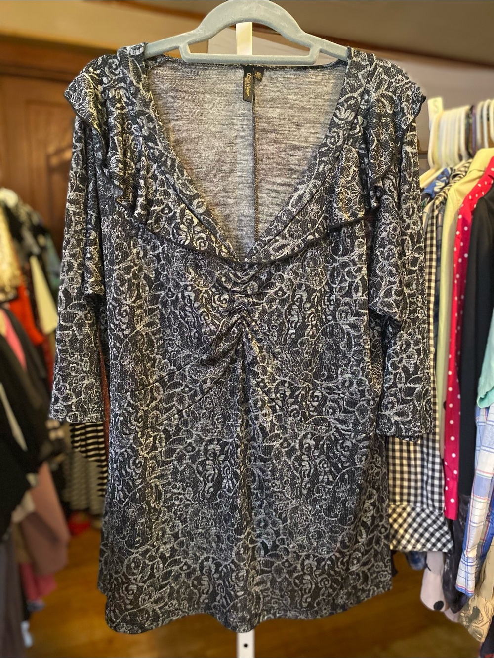 Ruched V-Neck Blouse in Black & Gray